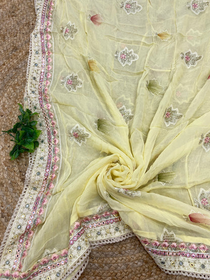 Brilliant Luxurious Minimal Floral Thread Embroidery And Striking Print With Sequin Work On Viscose Georgette Dupatta