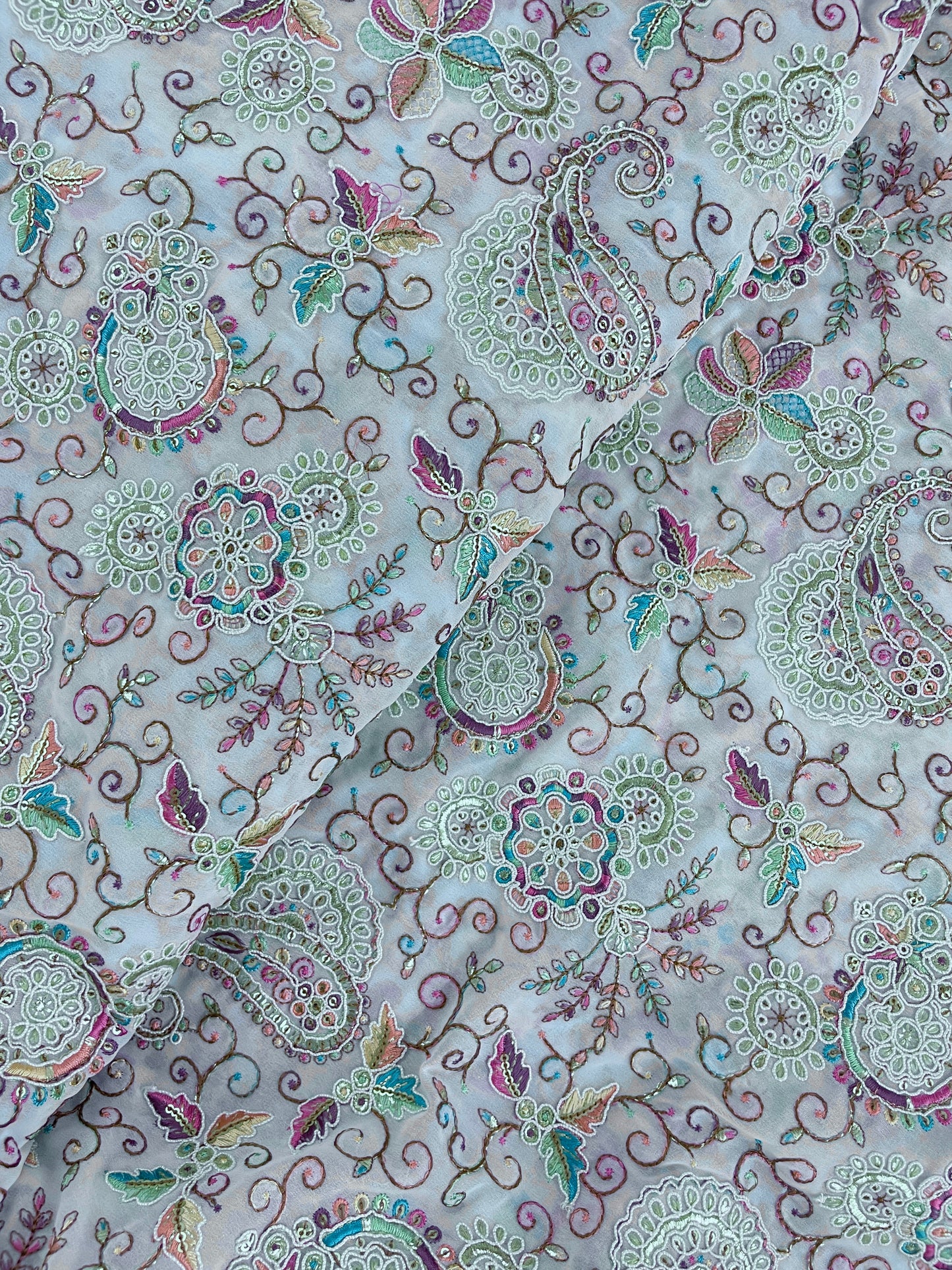 Beautiful Elegant Traditional Paisley Colorful Thread Embroidery With Sequin And Foil Work On Dola Silk Fabric