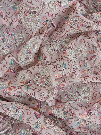 Beautiful Elegant Traditional Paisley Colorful Thread Embroidery With Sequin And Foil Work On Dola Silk Fabric