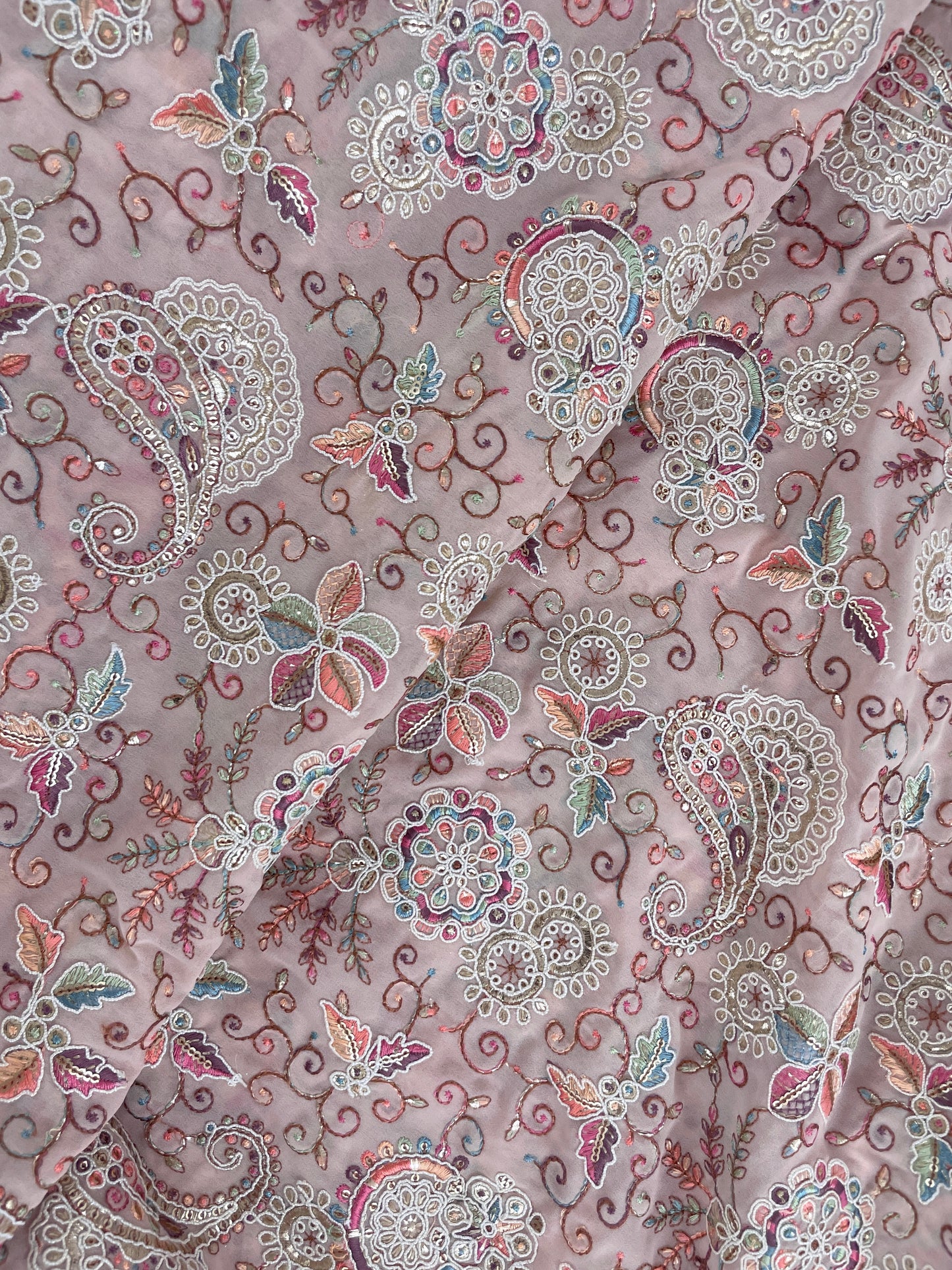 Beautiful Elegant Traditional Paisley Colorful Thread Embroidery With Sequin And Foil Work On Dola Silk Fabric