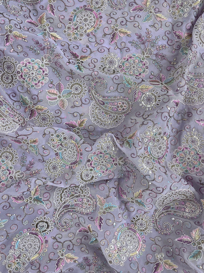 Beautiful Elegant Traditional Paisley Colorful Thread Embroidery With Sequin And Foil Work On Dola Silk Fabric