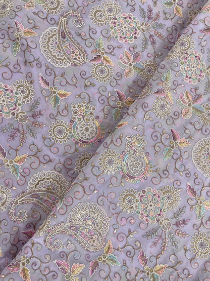 Beautiful Elegant Traditional Paisley Colorful Thread Embroidery With Sequin And Foil Work On Dola Silk Fabric