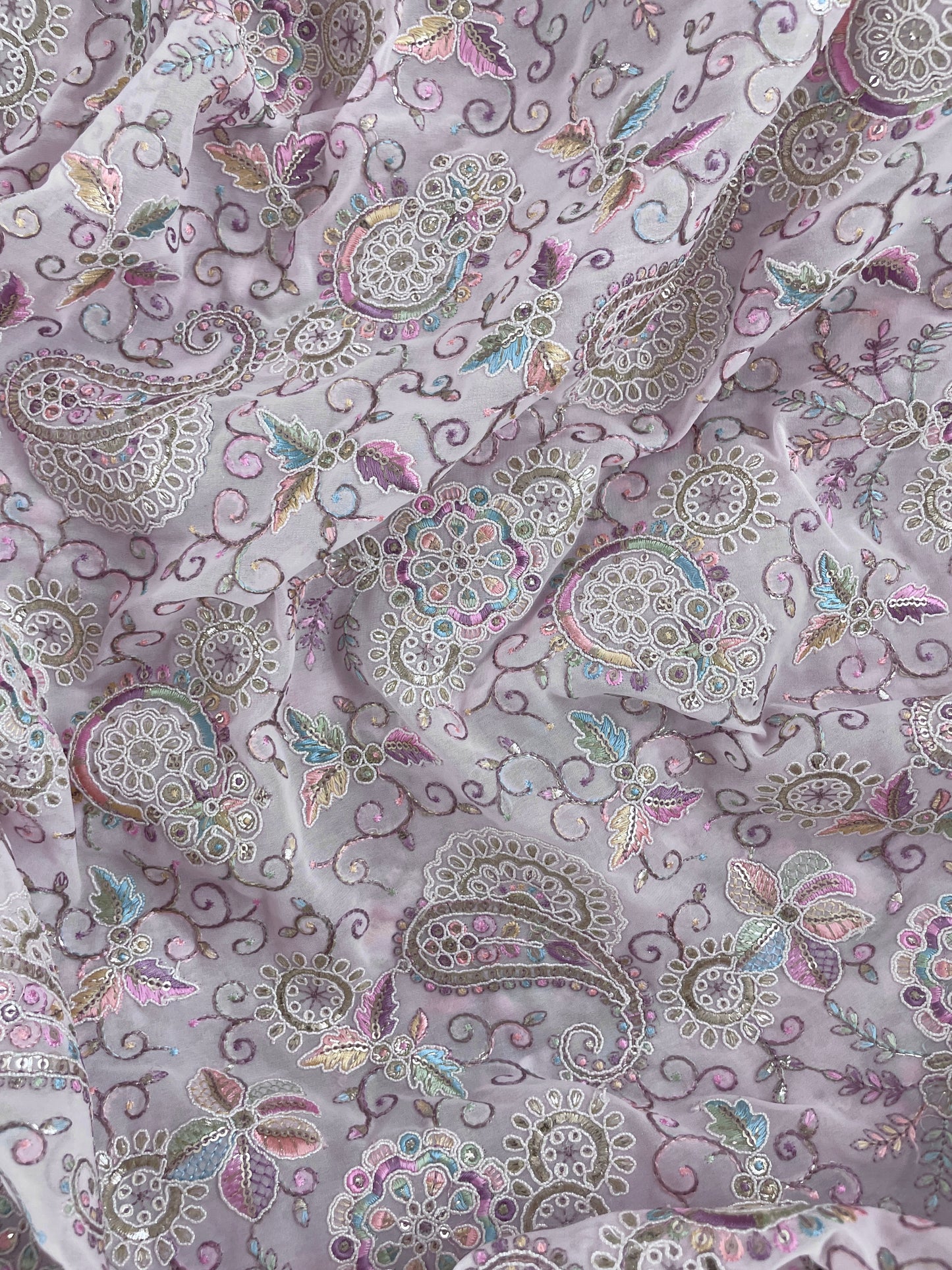 Beautiful Elegant Traditional Paisley Colorful Thread Embroidery With Sequin And Foil Work On Dola Silk Fabric