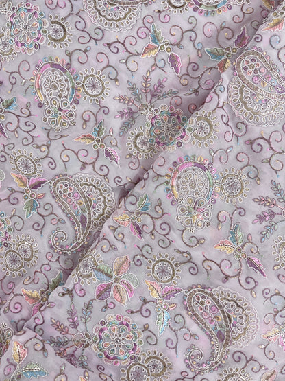 Beautiful Elegant Traditional Paisley Colorful Thread Embroidery With Sequin And Foil Work On Dola Silk Fabric