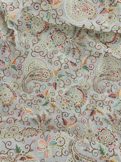 Beautiful Elegant Traditional Paisley Colorful Thread Embroidery With Sequin And Foil Work On Dola Silk Fabric