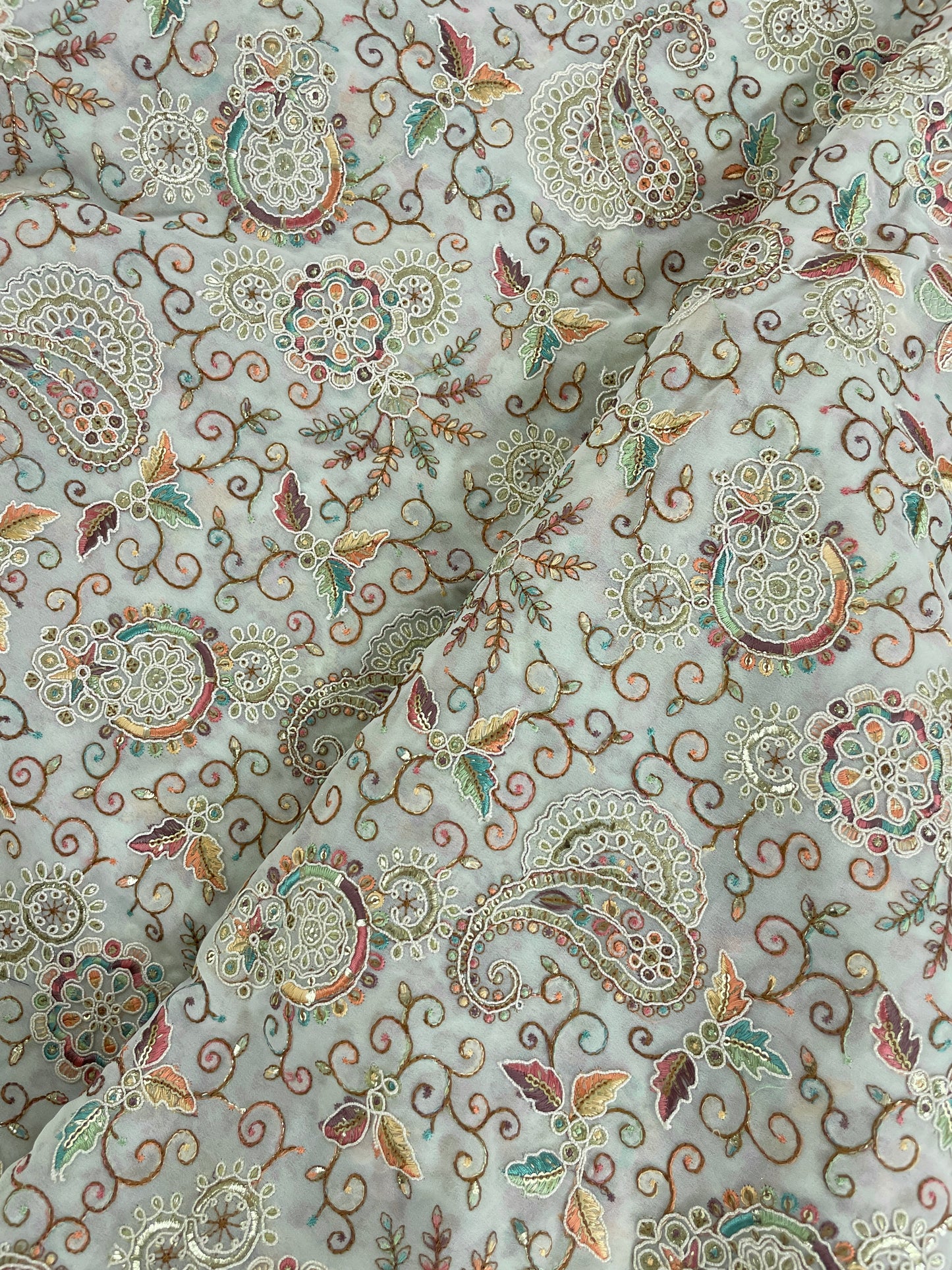 Beautiful Elegant Traditional Paisley Colorful Thread Embroidery With Sequin And Foil Work On Dola Silk Fabric