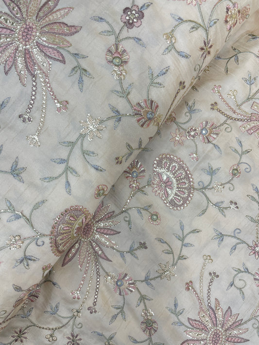 Classic Elegant Floral Thread Embroidery With Foil Work On Dola Silk Fabric