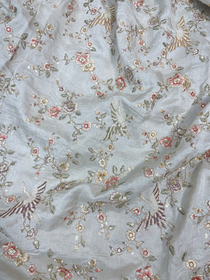 Glorious Minimal Floral And Bird Thread Embroidery With Sequin And Zari Work On Dola Silk Fabric