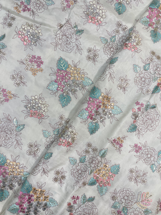 Delicate Fantastic Multi Color Dainty Floral Thread Embroidery With Foil Work On Dola Silk Fabric