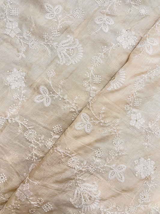 Minimal Subtle White Leafy Thread Embroidery With Golden Sequin Work On Dola Silk Fabric