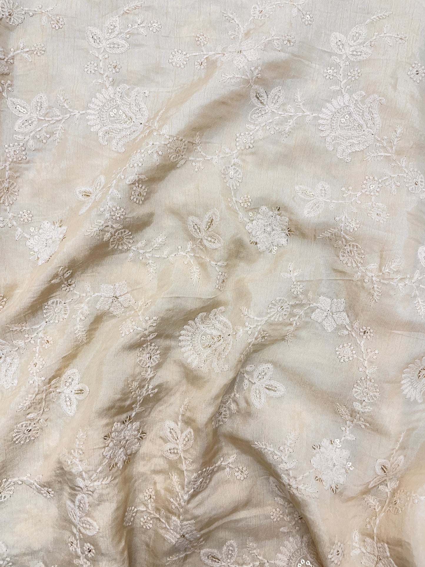 Pleasing Glorious Traditional White Thread Embroidery With Sequin Work On Dola Silk Fabric