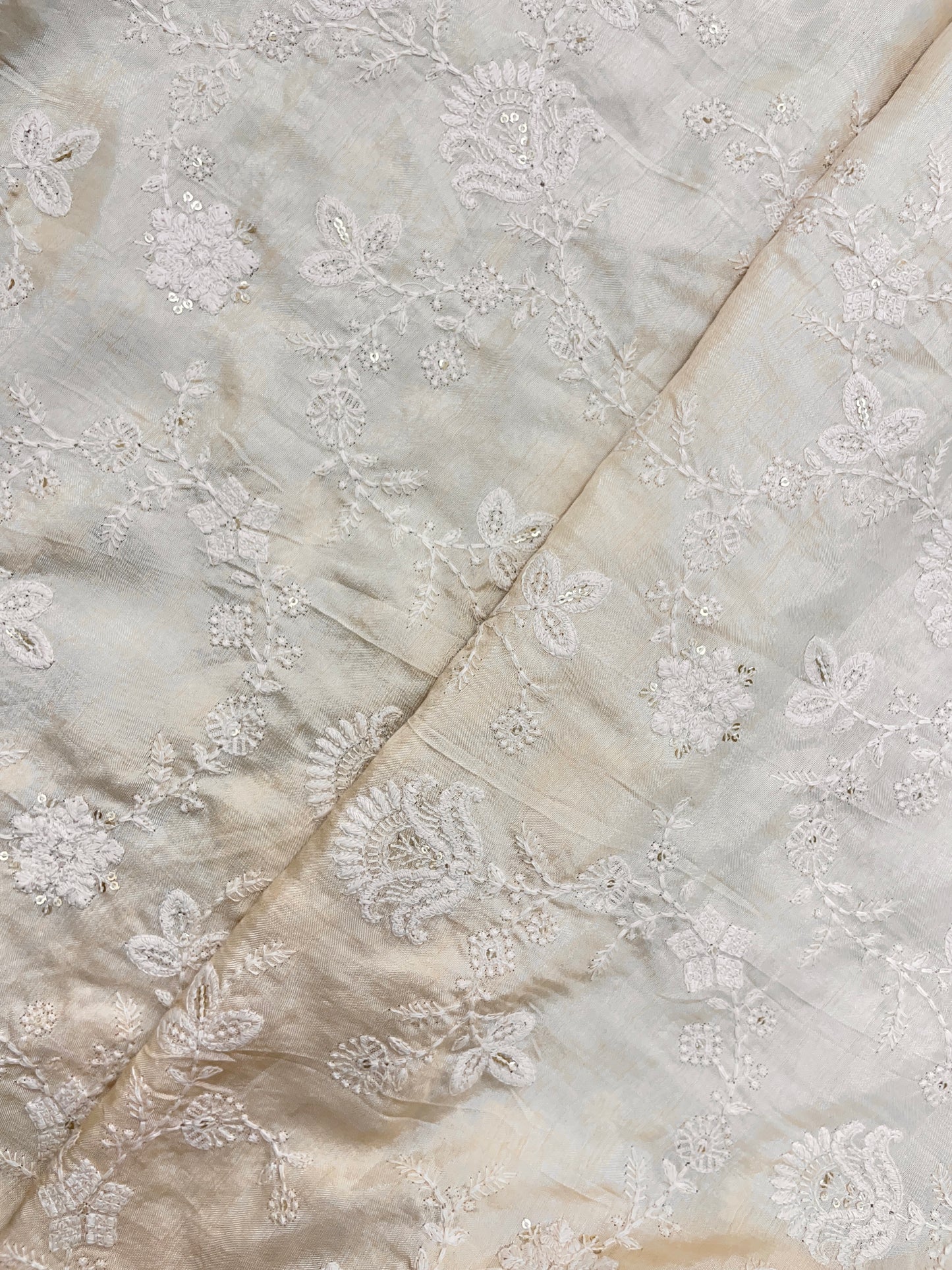 Pleasing Glorious Traditional White Thread Embroidery With Sequin Work On Dola Silk Fabric