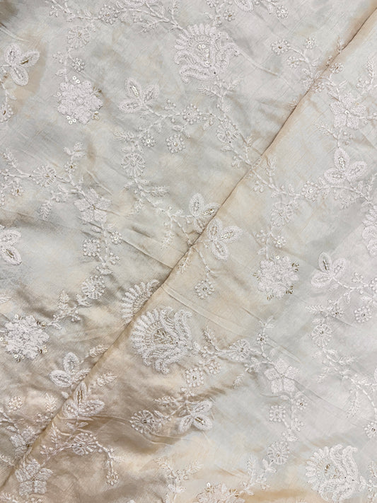 Pleasing Glorious Traditional White Thread Embroidery With Sequin Work On Dola Silk Fabric