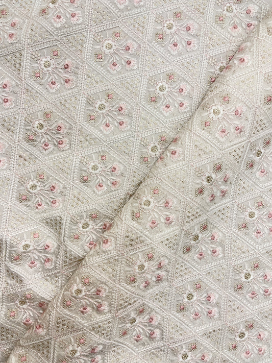 Brilliant Pretty Dainty Ethnic Self And Pink Thread Embroidery With Zari Work On Dola Silk Fabric