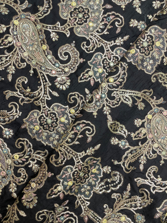 Marvelous Traditional Multi Color Thread Embroidery With Faux Mirror And Sequin Work On Dola Silk Fabric