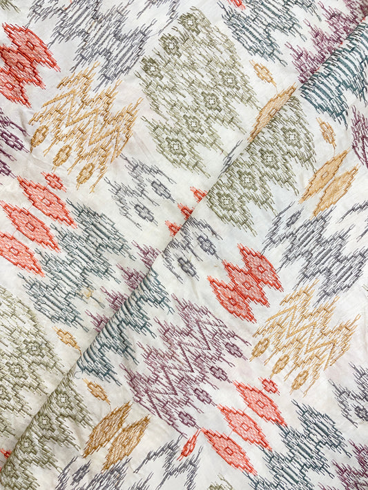 Adorable Pleasant Multi Color Thread Embroidery On Dola Silk Fabric