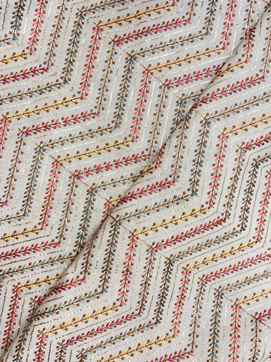 Classy Pretty Minimal Zig Zag Colorful Thread Embroidery With Sequin Work On Dola Silk Fabric