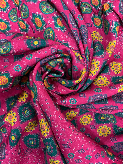 Beautiful Elegant Traditional Floral Prints On Pink Colored Dola Silk Fabric