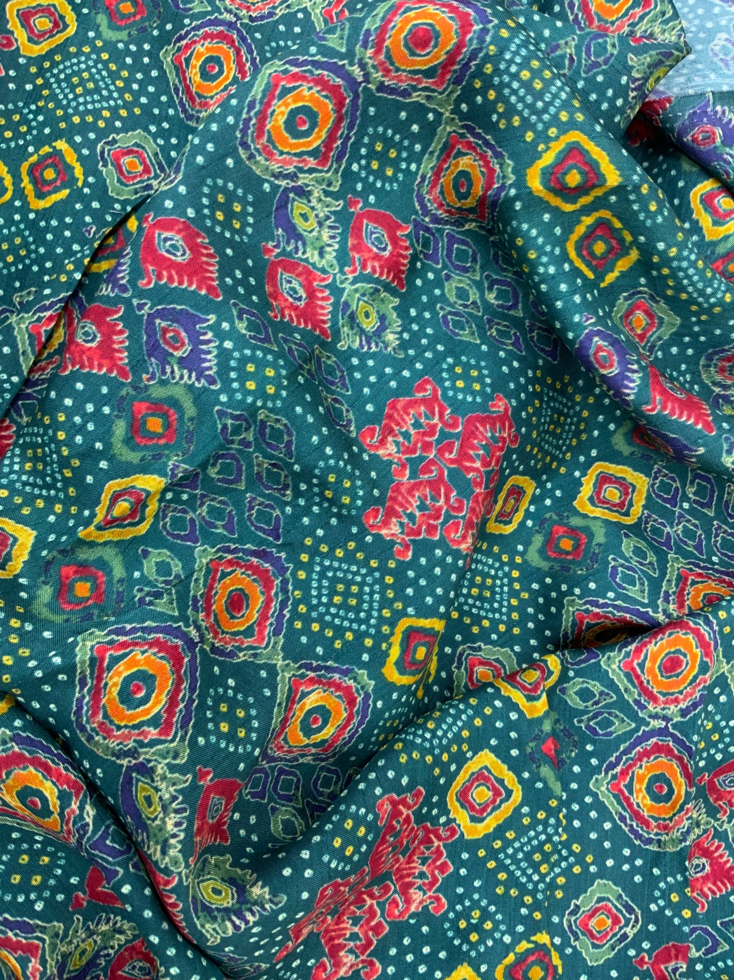 Unique Traditional Colorful Diamond Shaped Print On Dola Silk Fabric