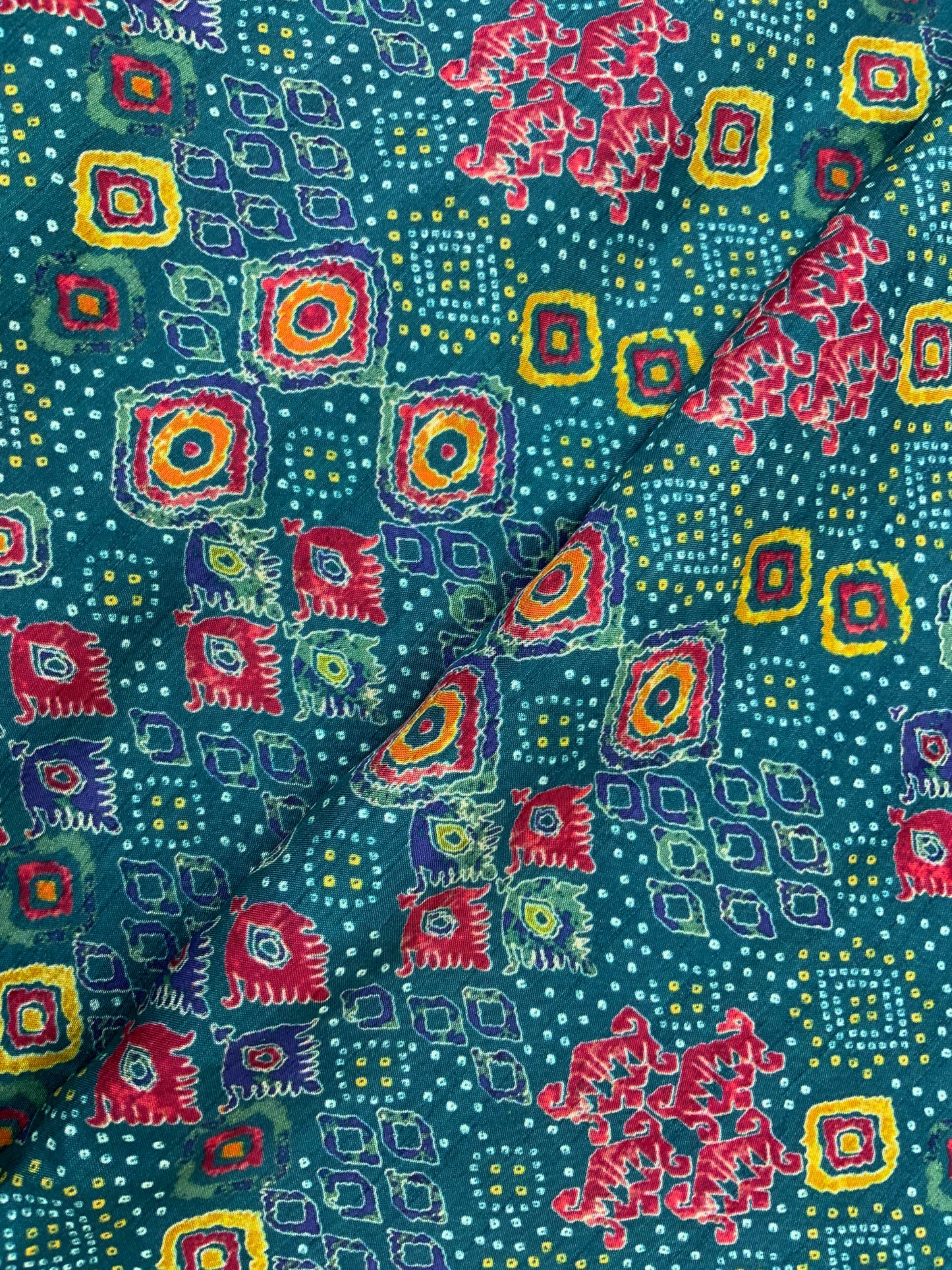 Unique Traditional Colorful Diamond Shaped Print On Dola Silk Fabric