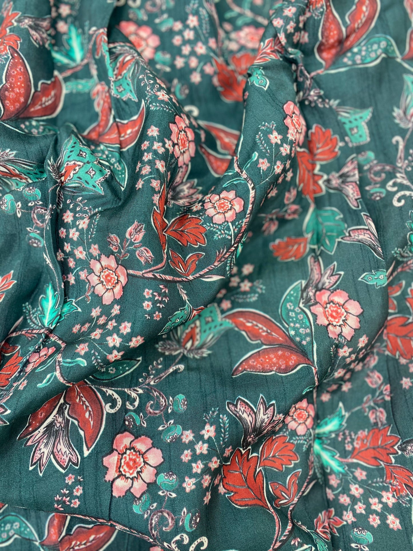 Exquisite Pretty Dainty Floral And Orange Leafy Print On Green Colored Dola Silk Fabric