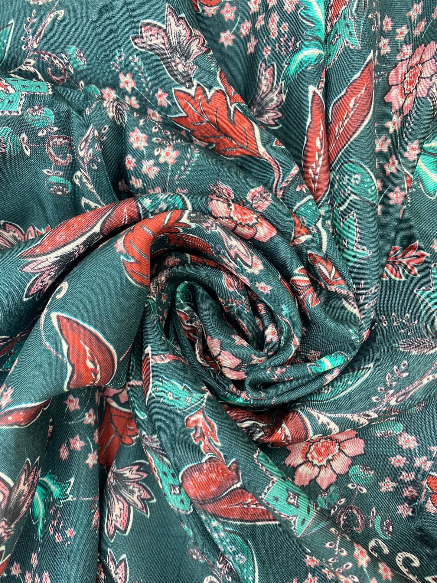 Exquisite Pretty Dainty Floral And Orange Leafy Print On Green Colored Dola Silk Fabric