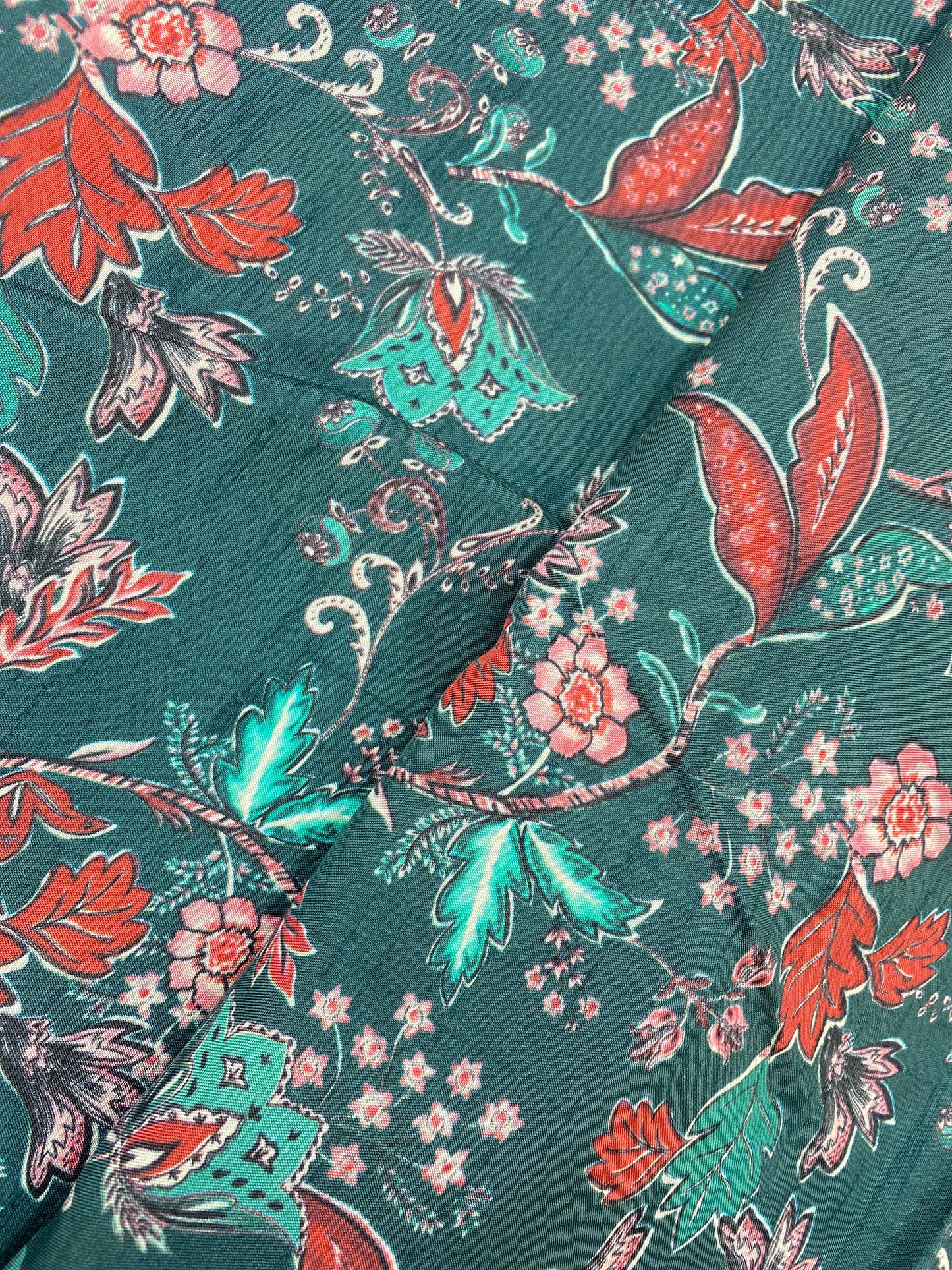 Exquisite Pretty Dainty Floral And Orange Leafy Print On Green Colored Dola Silk Fabric