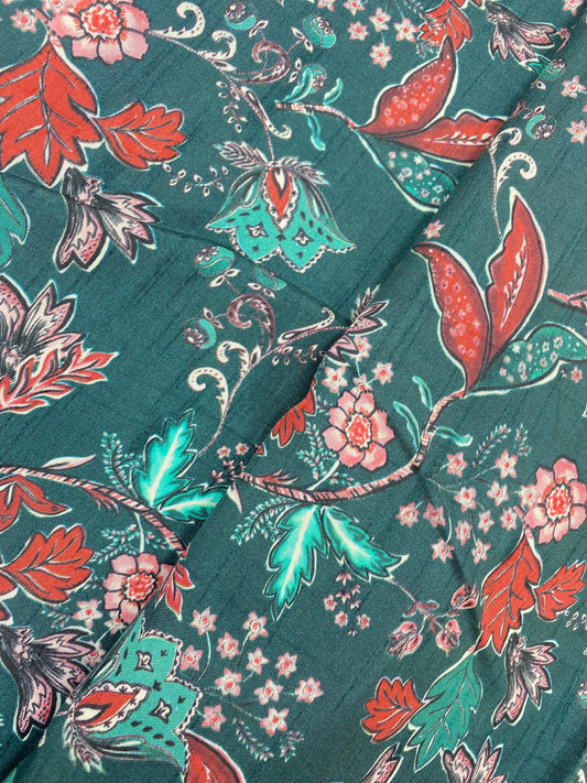 Exquisite Pretty Dainty Floral And Orange Leafy Print On Green Colored Dola Silk Fabric