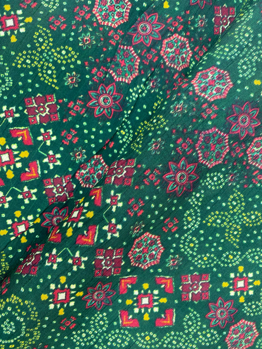 Lavish Extraordinary Traditional Bandhani Print On Green Color Dola Silk Fabric