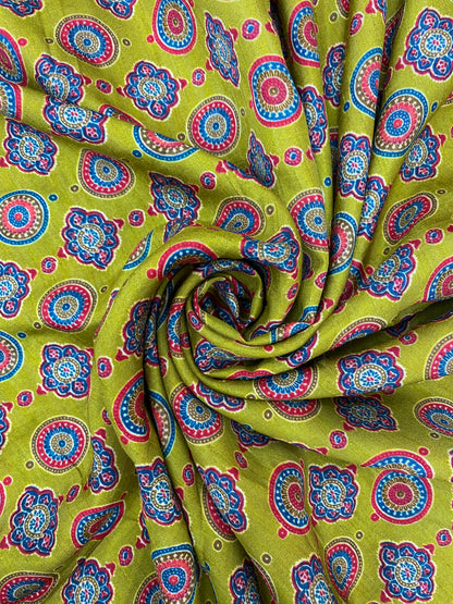 Gracious Exquisite Traditional Print On Mehndi Colored Dola Silk Fabric