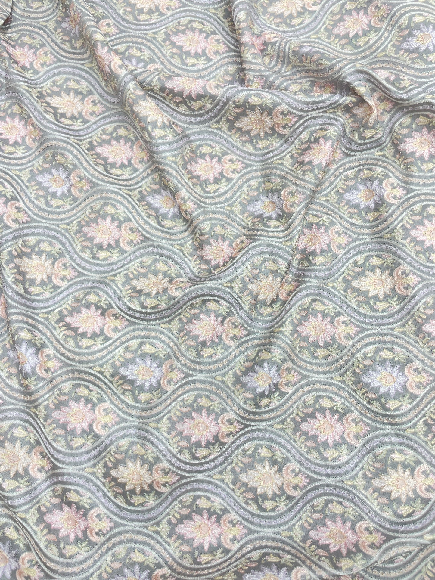 Adorable Pleasant Traditional Floral Pastel Thread Embroidery With Position Print On Dupion Silk Fabric