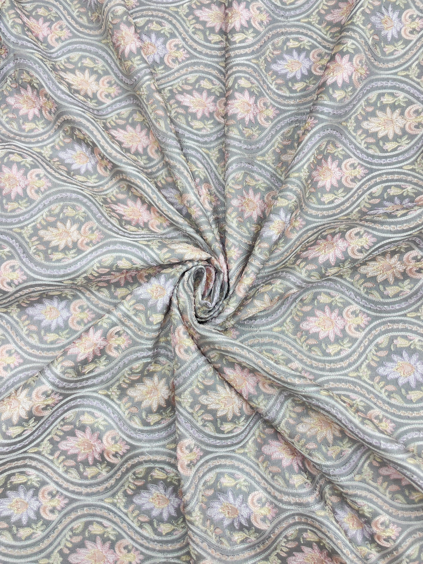 Adorable Pleasant Traditional Floral Pastel Thread Embroidery With Position Print On Dupion Silk Fabric