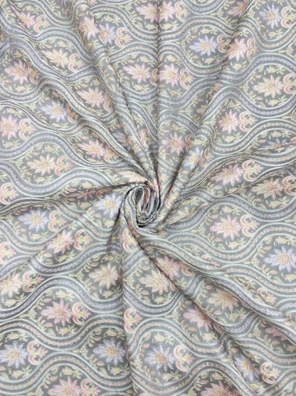 Adorable Pleasant Traditional Floral Pastel Thread Embroidery With Position Print On Dupion Silk Fabric