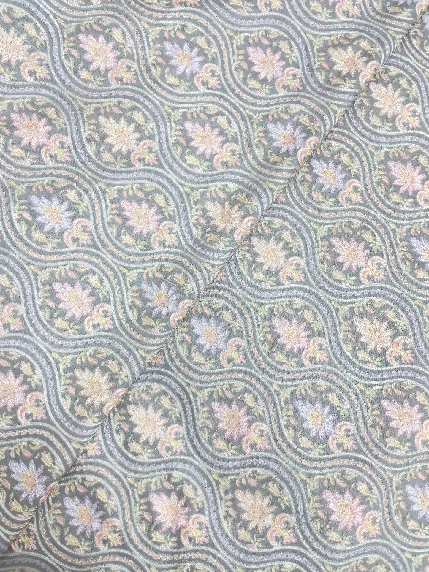 Adorable Pleasant Traditional Floral Pastel Thread Embroidery With Position Print On Dupion Silk Fabric