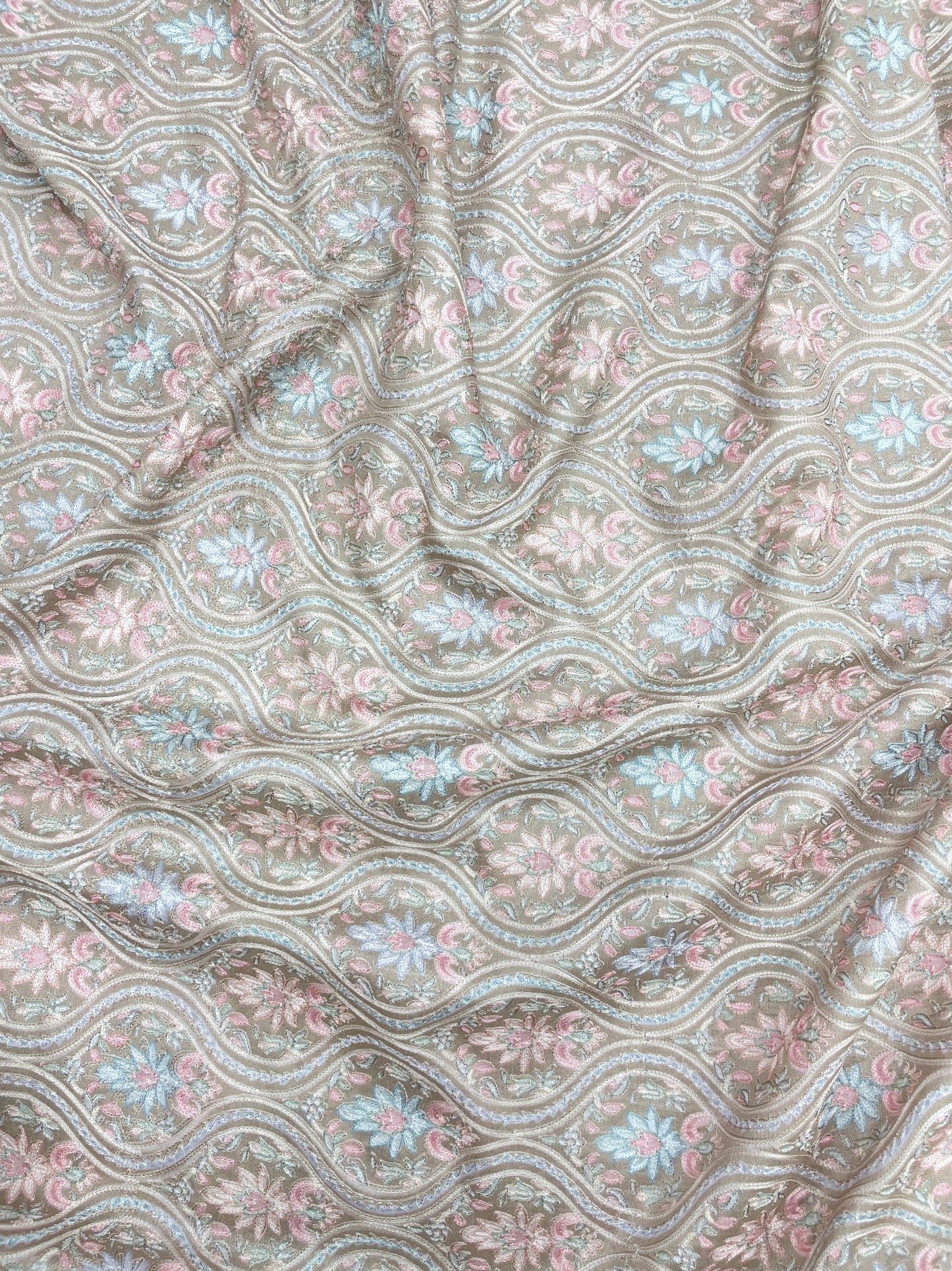 Adorable Pleasant Traditional Floral Pastel Thread Embroidery With Position Print On Dupion Silk Fabric