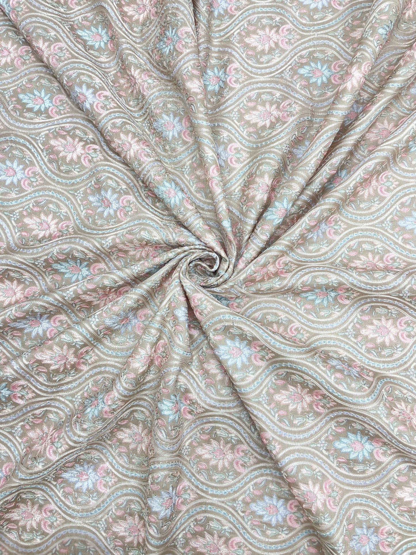 Adorable Pleasant Traditional Floral Pastel Thread Embroidery With Position Print On Dupion Silk Fabric