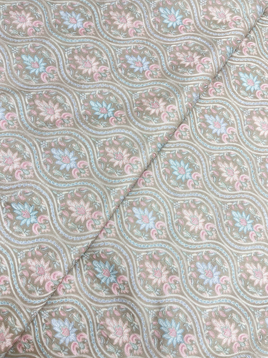 Adorable Pleasant Traditional Floral Pastel Thread Embroidery With Position Print On Dupion Silk Fabric