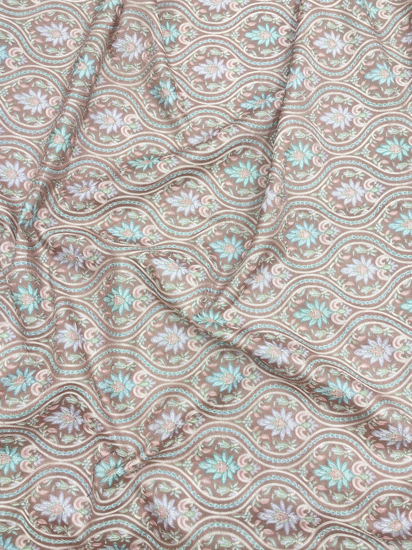 Adorable Pleasant Traditional Floral Pastel Thread Embroidery With Position Print On Dupion Silk Fabric