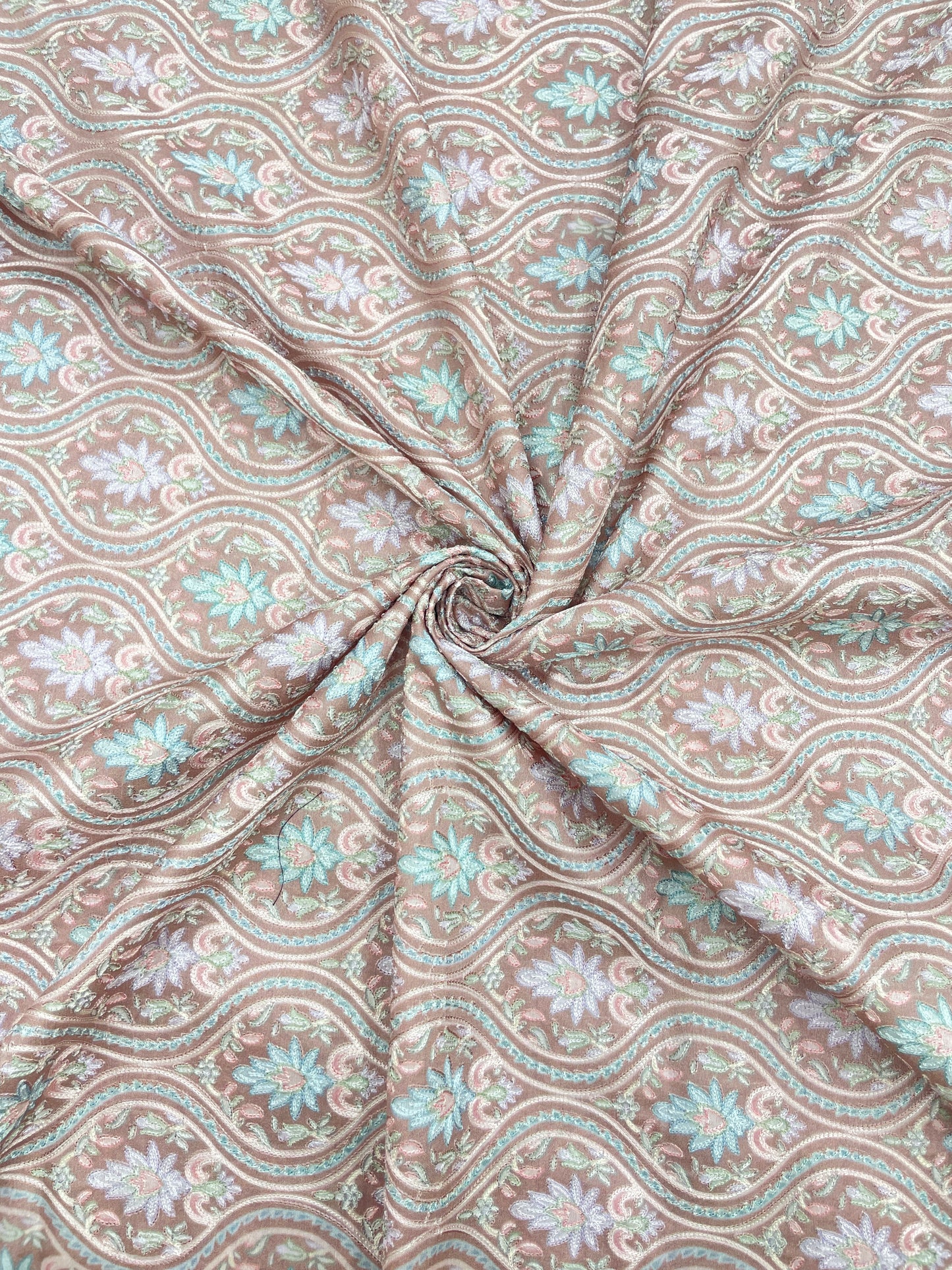 Adorable Pleasant Traditional Floral Pastel Thread Embroidery With Position Print On Dupion Silk Fabric