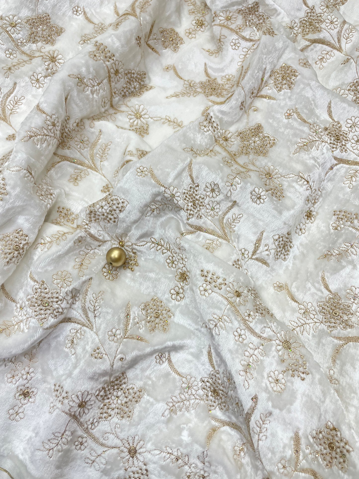 Gorgeous Fantastic Floral Zari Jaal Embroidery With Sequin Work On White Dyeable Velvet Fabric