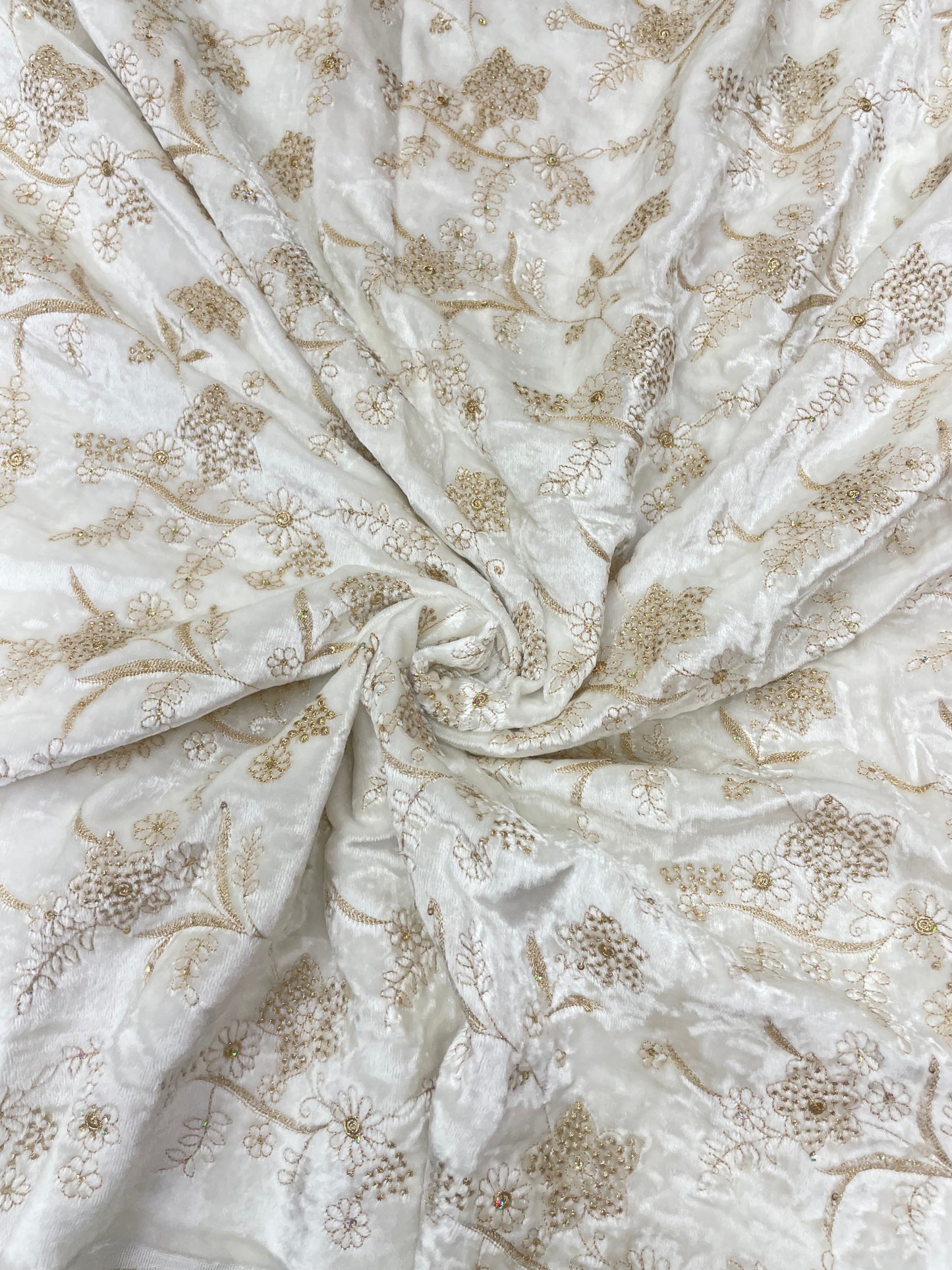 Gorgeous Fantastic Floral Zari Jaal Embroidery With Sequin Work On White Dyeable Velvet Fabric