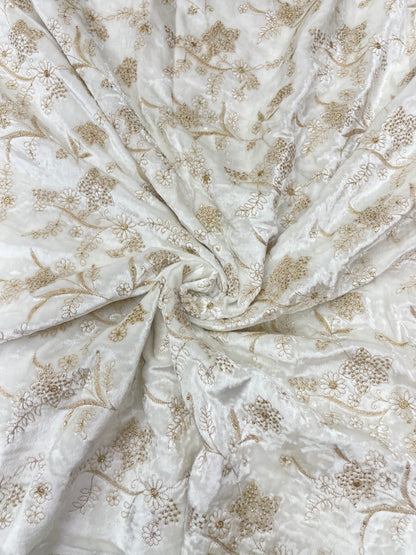 Gorgeous Fantastic Floral Zari Jaal Embroidery With Sequin Work On White Dyeable Velvet Fabric