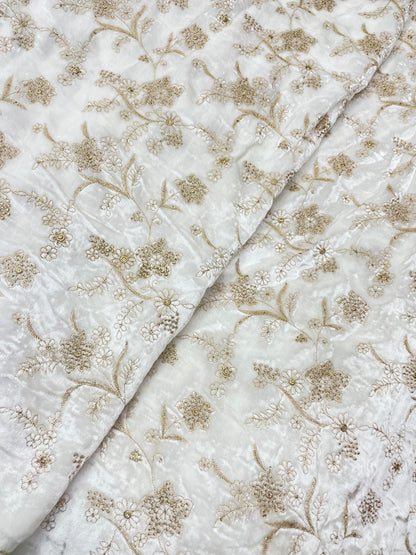 Gorgeous Fantastic Floral Zari Jaal Embroidery With Sequin Work On White Dyeable Velvet Fabric