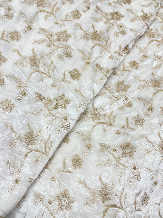 Gorgeous Fantastic Floral Zari Jaal Embroidery With Sequin Work On White Dyeable Velvet Fabric