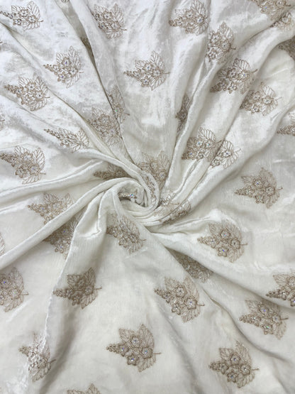 Elegant Beautiful Dainty Floral And Leafy Copper Zari Embroidery With Sequin Work On White Dyeable Velvet Fabric