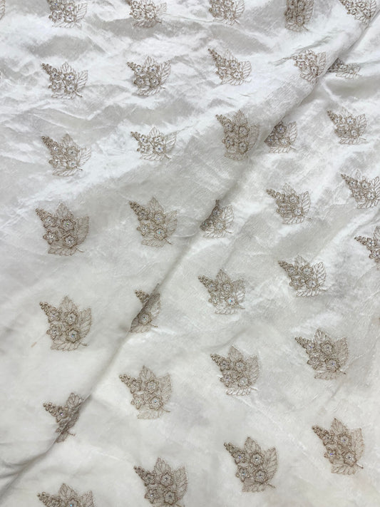 Elegant Beautiful Dainty Floral And Leafy Copper Zari Embroidery With Sequin Work On White Dyeable Velvet Fabric