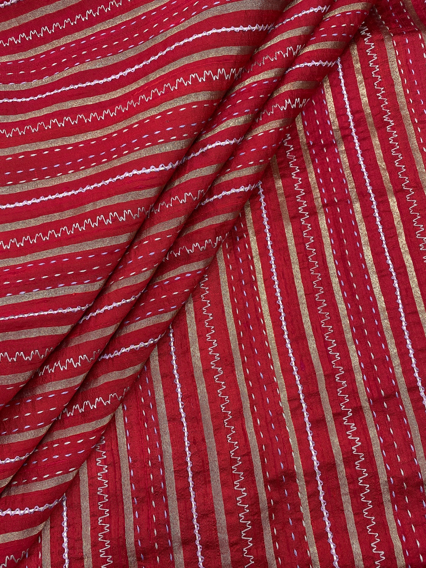 Pure Raw Silk Tissue Stripes With Hand Katha Work