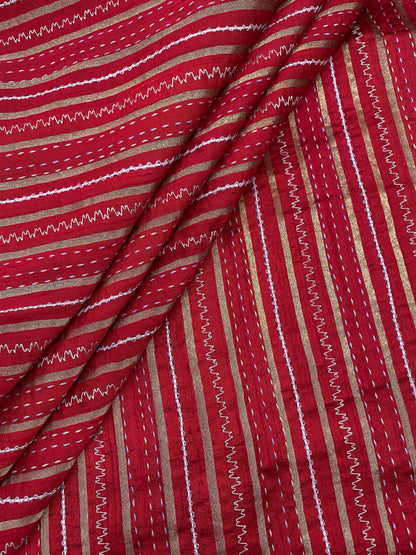 Pure Raw Silk Tissue Stripes With Hand Katha Work