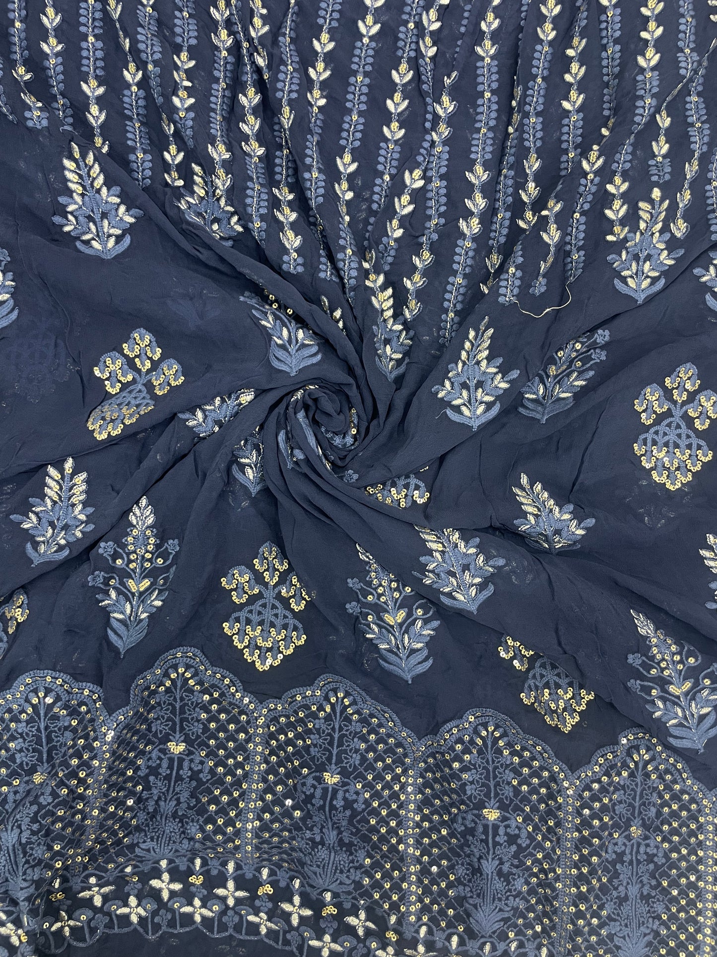 Adorable Premium Ethnic Blue Thread Embroidery With Shiny Sequin Work On Georgette Fabric