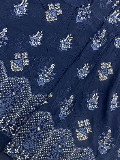 Adorable Premium Ethnic Blue Thread Embroidery With Shiny Sequin Work On Georgette Fabric